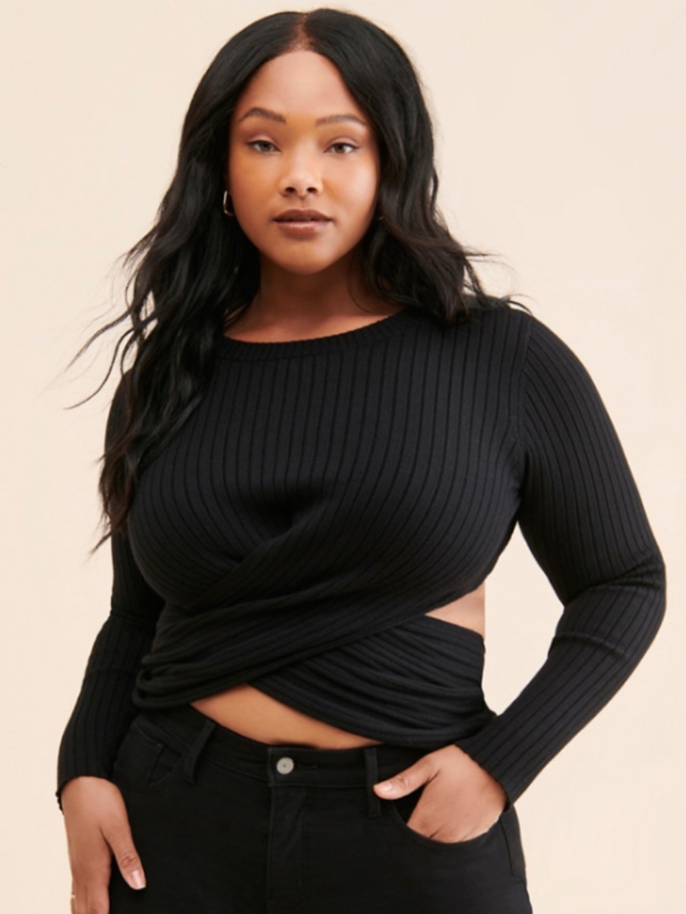 4th & Reckless Black Ribbed Cross Front Cut Out Long Sleeve Sweater Size Large